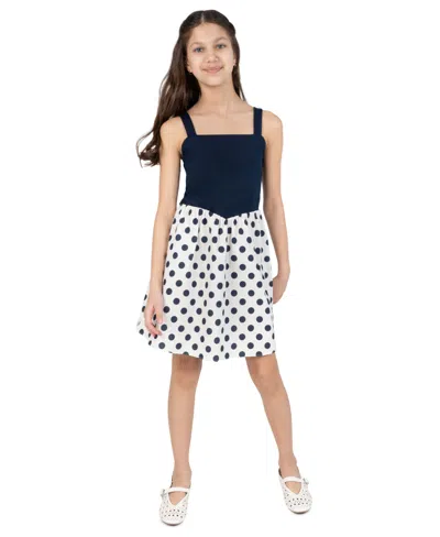 Rare Editions Kids' Girls' 7-16 Knit Ponte To Polka Dot Dropwaist Short Dress In Black