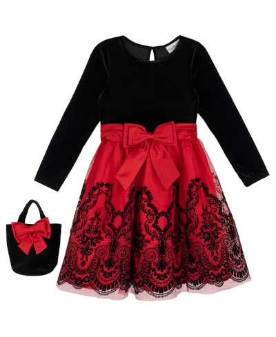 Rare Editions Kids' Girls' 7-16 Long-sleeve Scoop Neck Velvet Bodice Dress In Red