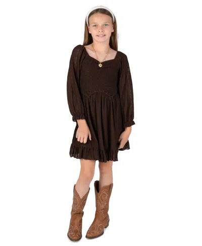 Rare Editions Kids' Girls' 7-16 Long-sleeve Stretch-lace Mini Dress And Necklace, 2-piece Set In Brown