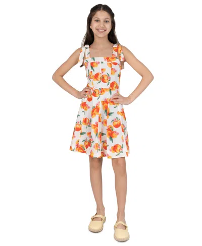 Rare Editions Kids' Girls' 7-16 Peach Print Paneled Skater Dress In White