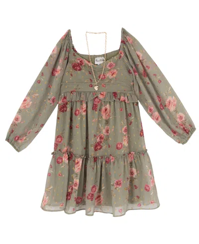 Rare Editions Kids' Girls' 7-16 Printed Chiffon Long-sleeve Dress With Necklace, 2-piece Set In Multi