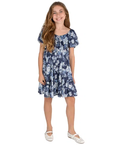 Rare Editions Kids' Girls' 7-16 Printed Floral Jacquard Chiffon Smocked Babydoll Dress In Multi