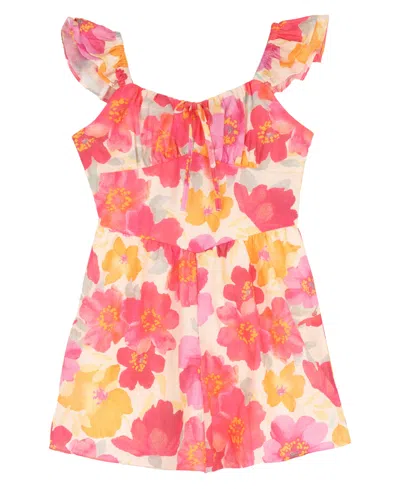 Rare Editions Kids' Girls' 7-16 Printed Floral Ruched Bust Flutter Strap Tie Back Dress In Pink