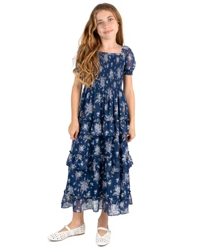 Rare Editions Kids' Girls' 7-16 Printed Lurex Chiffon Puff Sleeve Tiered Midi Dress In Blue