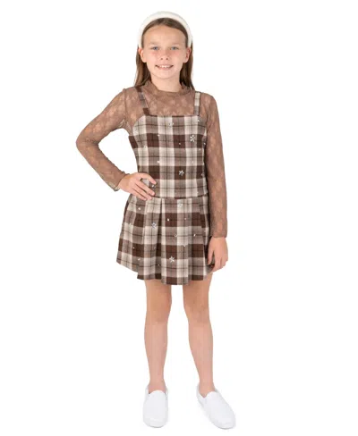 Rare Editions Kids' Girls' 7-16 Rhinestone Plaid Jumper And Lace Top, 2-piece Set In Brown