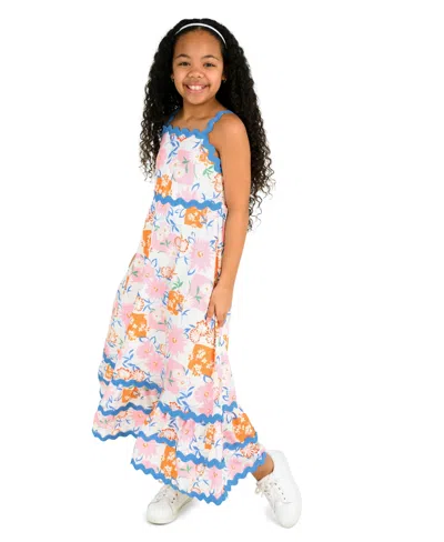 Rare Editions Girls' 7-16 Sateen Tropical Ric Rac Strap Bodice Dress In White