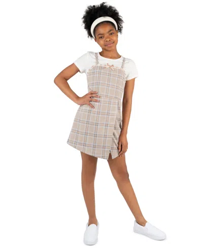 Rare Editions Kids' Girls' 7-16 Short-sleeve T-shirt And Plaid Woven Overlap Skirt Romper, 2-piece Set In Purple