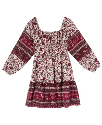 Rare Editions Kids' Girls' 7-16 Smocked Waist Long-sleeve Dress In Burgundy