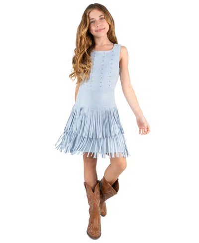 Rare Editions Kids' Girls' 7-16 Studded Mock Corset Fringe 2-tiered Dress In Blue