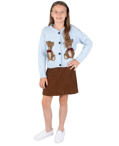 Rare Editions Kids' Girls' 7-16 Teddy Bear Cardigan And Corduroy Jumper Dress, 2-piece Set In Brown