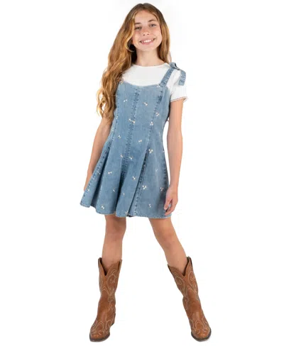 Rare Editions Kids' Girls' 7-16 T-shirt And Embroidered Denim Bow Straps Panelled Romper, 2-piece Set In Blue