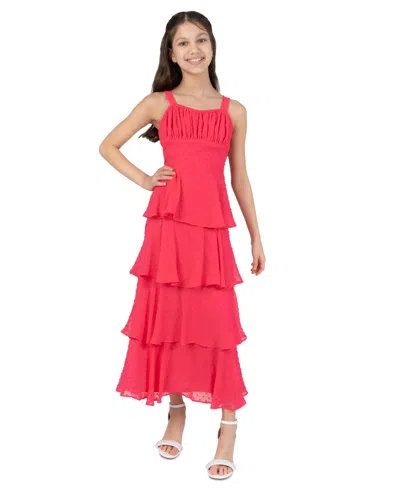 Rare Editions Kids' Girls' 7â16 Chiffon Clipdot Ruched Bust Bodice 4-tier Ruffle Dress In Pink