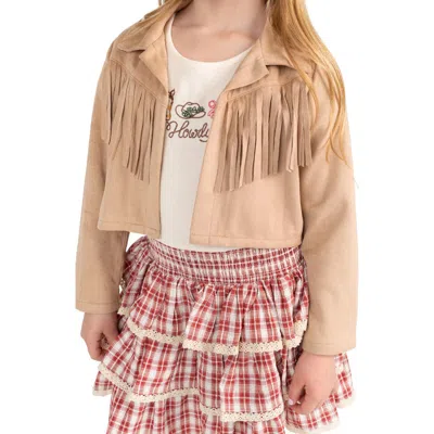 Rare Editions Kids' 3-piece Faux Suede Fringe Jacket, Top & Plaid Skirt Set In Multi