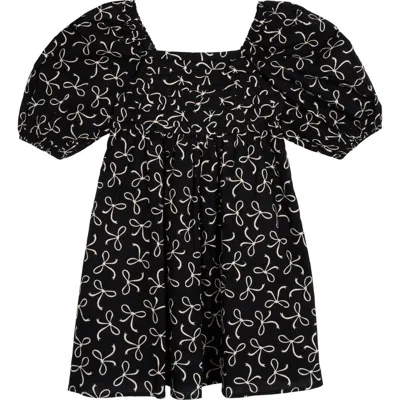 Rare Editions Kids' Bow Print Cotton Babydoll Dress In Black