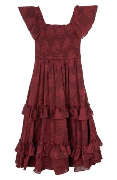 Rare Editions Kids' Burnout Floral Ruffle Sundress In Burgundy