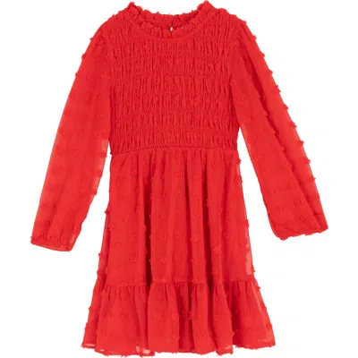 Rare Editions Kids' Clip Dot Long Sleeve Chiffon Dress In Red