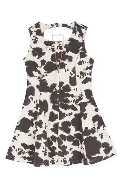 Rare Editions Kids' Cow Print Paneled Twill A-line Dress & Necklace In Brown