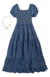 Rare Editions Kids' Denim Puff Sleeve Tiered Maxi Dress & Necklace Set In Blue