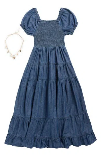 Rare Editions Kids' Denim Puff Sleeve Tiered Maxi Dress & Necklace Set In Blue