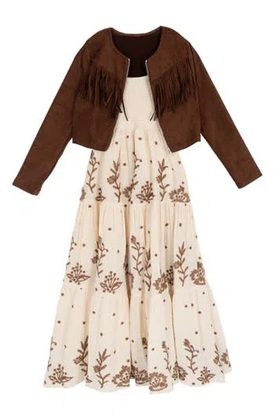 Rare Editions Kids' Embroidered Maxi Dress & Fringe Jacket Set In Brown