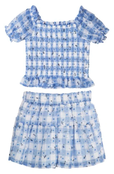 Rare Editions Kids' Embroidered Sunflower Gingham Top & Shorts Set In Blue