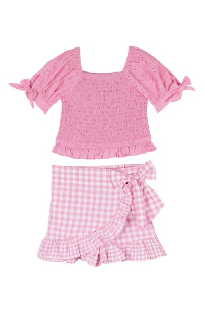 Rare Editions Kids' Eyelet Smocked Top & Ruffle Skort Set In Pink