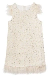 Rare Editions Kids' Faux Feather Trim Foil Bouclé Dress In Neutral