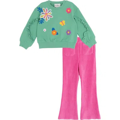 Rare Editions Kids' Floral Appliqué Sweatshirt & Flared Leggings Set In Green