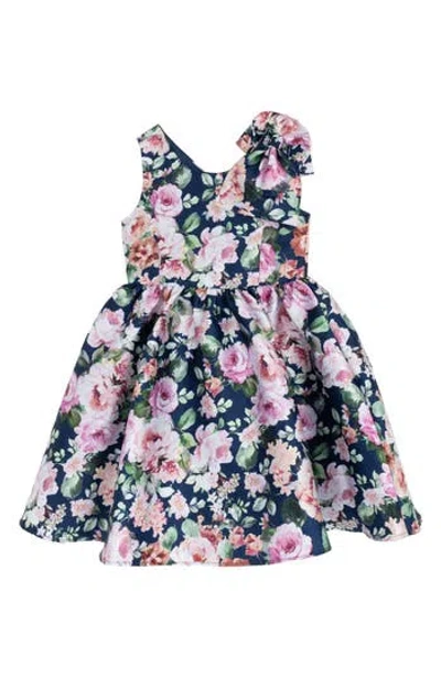 Rare Editions Kids' Floral Print Mikado Bow Dress In Black