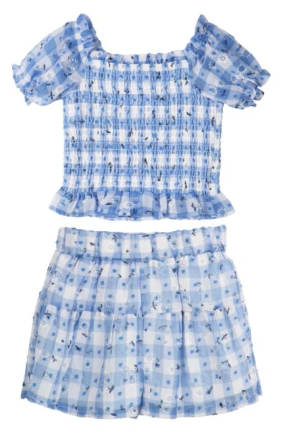 Rare Editions Kids' Flower Embroidered Gingham Set In Blue