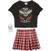 Rare Editions Kids' Graphic T-shirt, Plaid Skirt & Butterfly Clip Set In Black