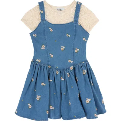 Rare Editions Kids' Lace Top & Embroidered Denim Dress Set In Blue