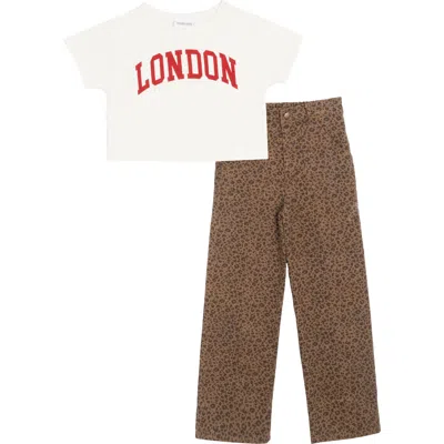 Rare Editions Kids' London Graphic T-shirt & Leopard Twill Pants Set In White