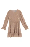 Rare Editions Kids' Long Sleeve Foil Dot Chiffon Dress In Brown