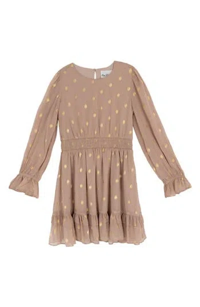 Rare Editions Kids' Long Sleeve Foil Dot Chiffon Dress In Brown
