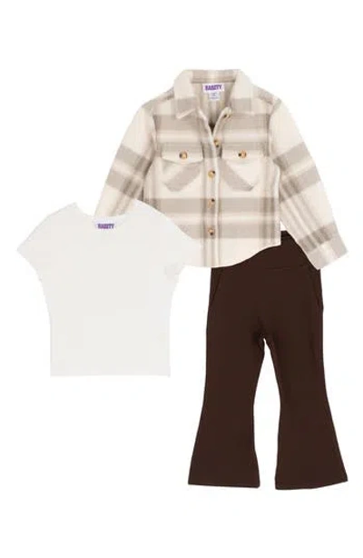Rare Editions Kids' Plaid Fleece Shacket, T-shirt & Flared Leggings Set In Neutral