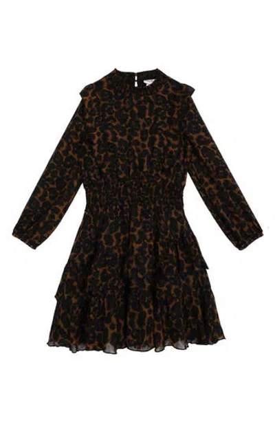 Rare Editions Kids' Print Ruffle Long Sleeve Smocked Dress In Black
