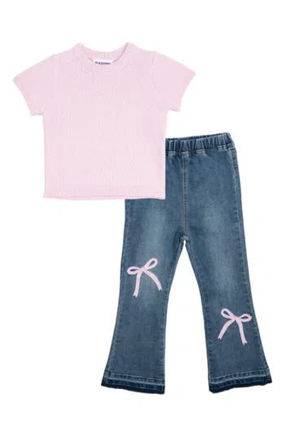 Rare Editions Kids' Short Sleeve Sweater & Bow Leggings Set In Blue