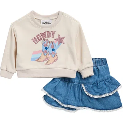Rare Editions Babies'  Kids' Western Sweatshirt & Ruffled Denim Skort Set In White