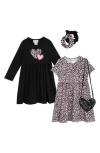 Rare Editions Kids' Yummy Leopard Long Sleeve Dresses, Scrunchies & Heart Bag Set In Black