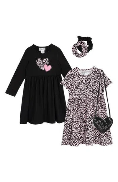 Rare Editions Kids' Yummy Leopard Long Sleeve Dresses, Scrunchies & Heart Bag Set In Black