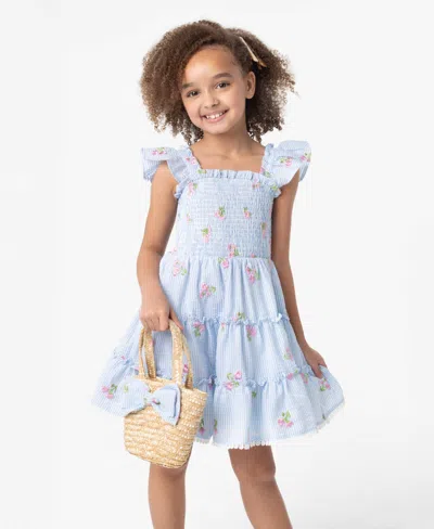 Rare Editions Kids' Little And Toddler Girls 2-piece Floral Schiffli Seersucker Dress With Bag Set In Periwinkle