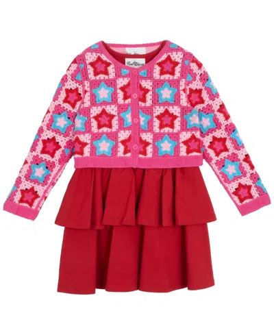 Rare Editions Kids' Little Girl Dress With Crochet Cardigan, 2 Pc In Red