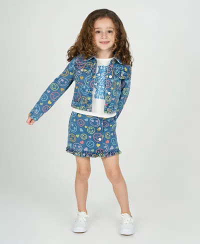 Rare Editions Kids' Little Girls 3-piece Smiley Denim Jacket, Ruffle Hem Skort, Crewneck T-shirt Set In Blue