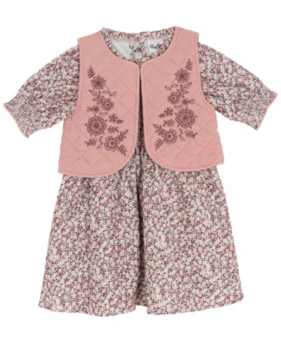 Rare Editions Kids' Little Girls Floral Corduroy Dress With Quilted Vest, 2 Pc In Pink