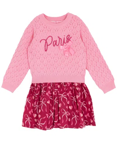 Rare Editions Kids' Little Girls Hearts & Bows Skort Dress With Pop-over "paris" Sweater, 2 Pc In Pink