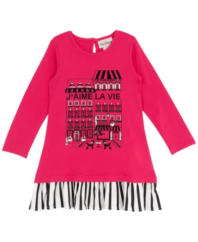 Rare Editions Kids' Little Girls Interlock Dress With Black & White Striped Hem In Pink