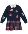 Rare Editions Little Girls Polo Collar & Plaid Skirt Dress With Patch-covered Sweatshirt, 2 Pc In Blue