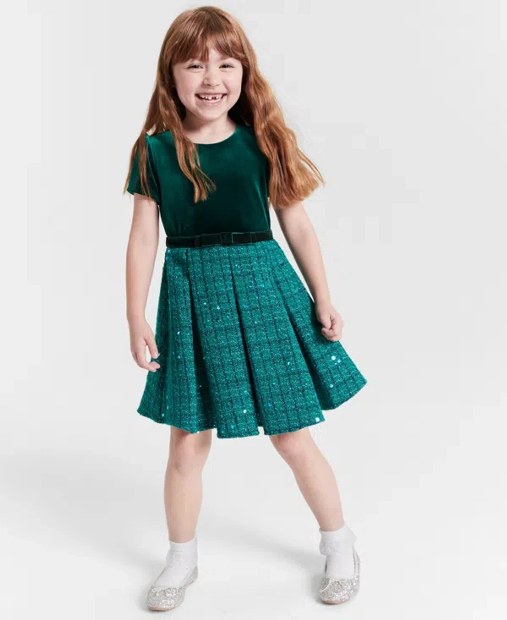 Rare Editions Kids' Little Girls Velvet And Sequin Tweed Dress In Hunter |  ModeSens