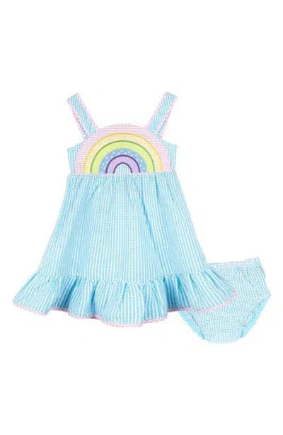 Rare Editions Babies'  Rainbow Seersucker Dress & Bloomers Set In Blue